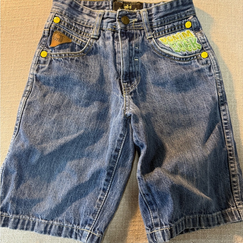 Akademiks Boys Blue Denim Shorts with Yellow Accents